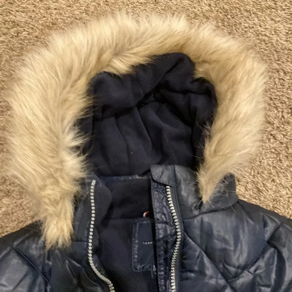 Tommy Hilfiger Big Girls Navy Quilted faux Trim Hooded Puffer Jacket/Coat L12/14